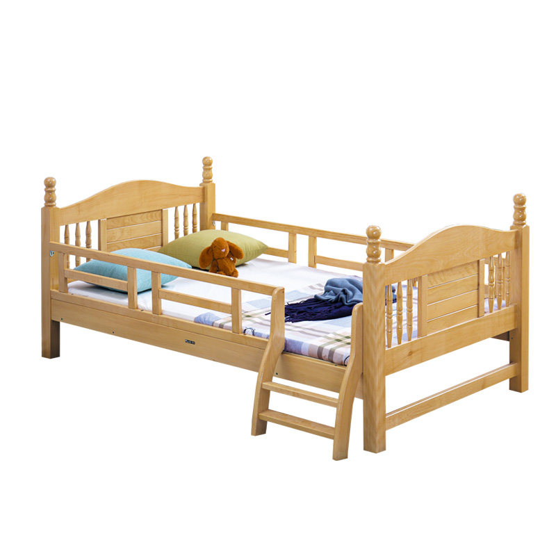 榉木全实木儿童床带护栏单人床宝宝加宽小床婴儿拼接大床