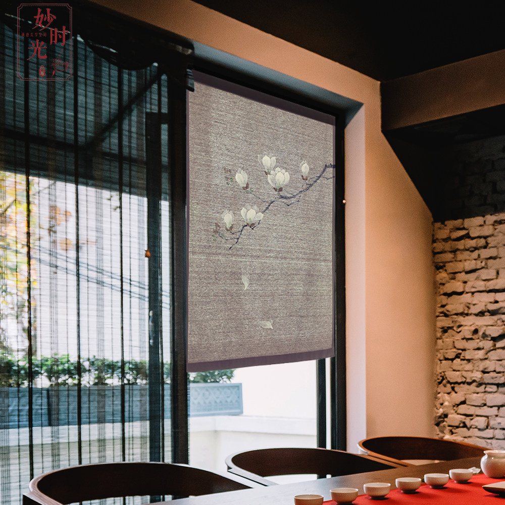 门帘中式手绘客厅亚麻亚麻布布艺玉兰隔断茶室门帘