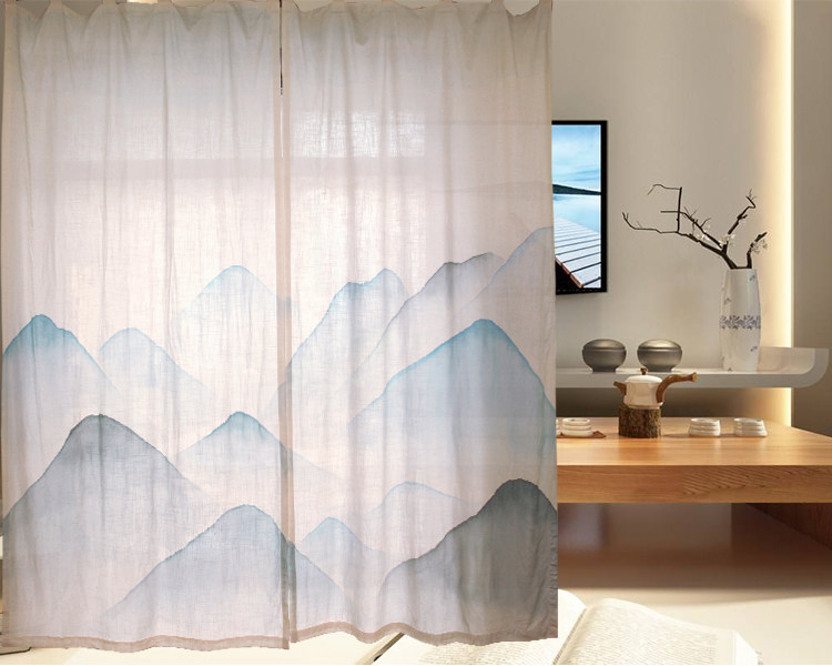远山禅意门帘窗帘禅堂茶社国风麻纱棉麻山水定制窗帘