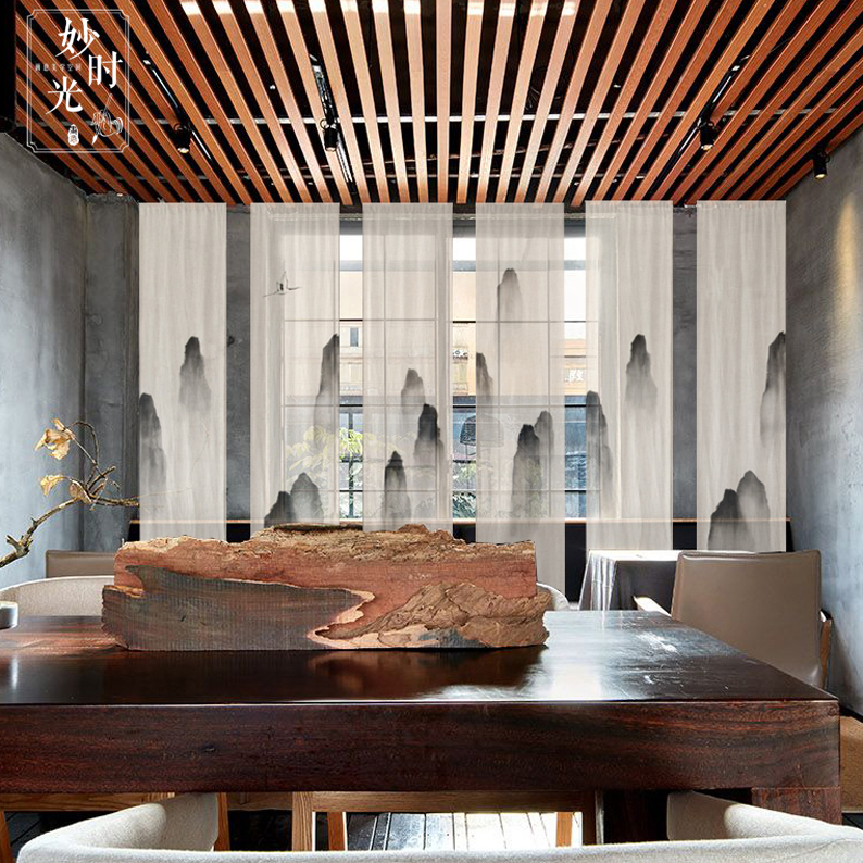 禅意手绘窗帘水墨复古国风中式茶室棉麻门帘定制窗帘