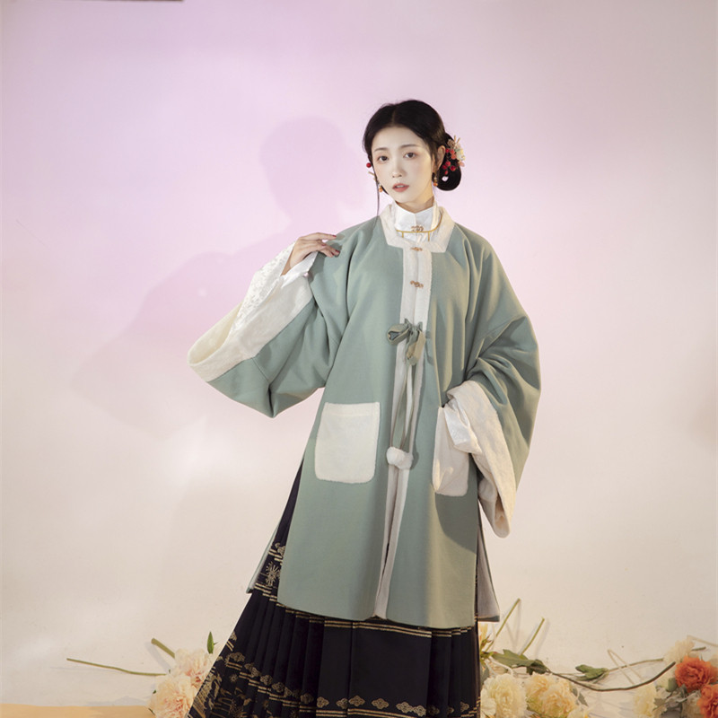 汉锦纪正品原创汉服明制方领披袄加绒中长款秋冬纯色日常保暖现货