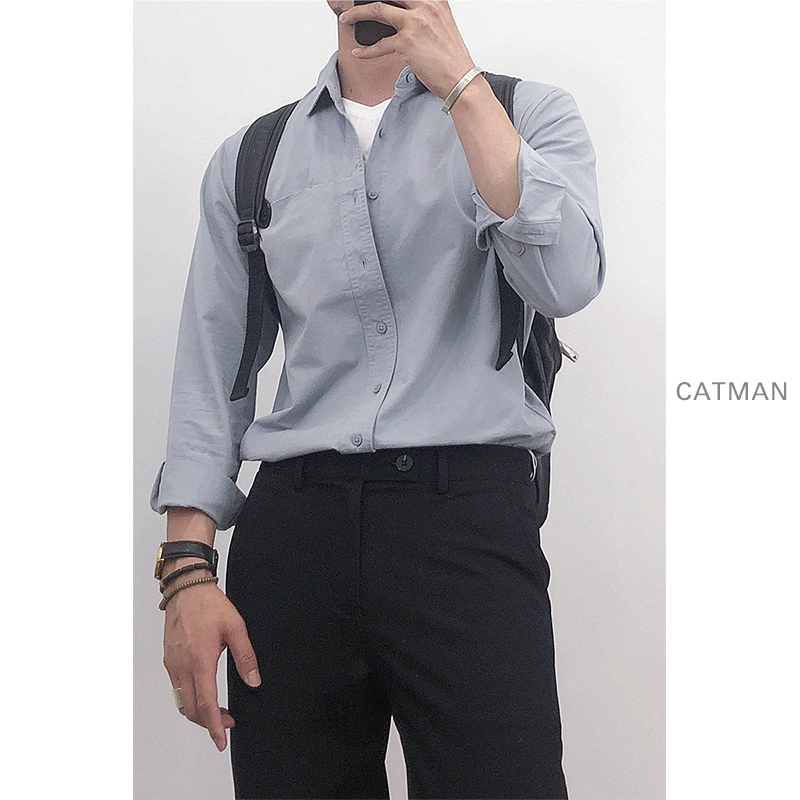 春秋新款韩风休闲宽松衬衫男长袖设计感纯色全棉男生白衬衣简约