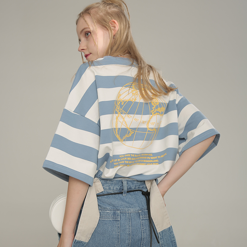 HOOKBRO 2021夏潮牌地球巡游情侣短袖T恤男条纹鬼脸宽松半袖体恤