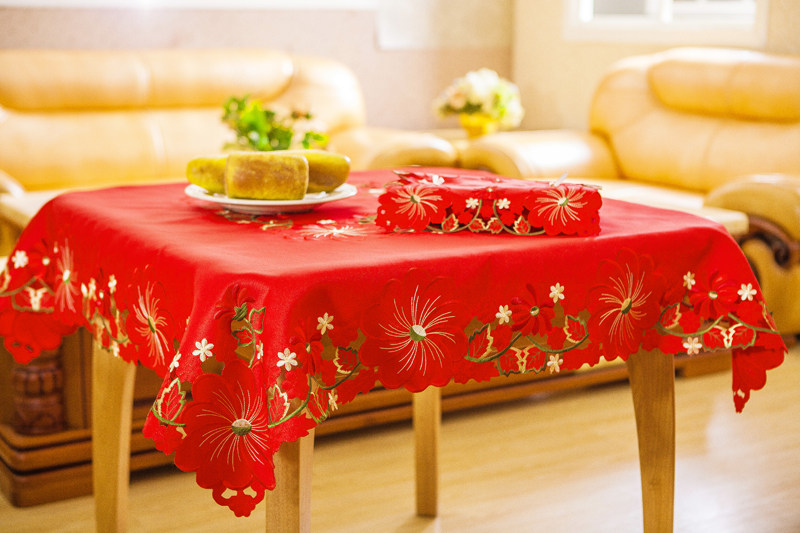 盖布大红刺绣布艺万能茶几方茶几红色过年中式桌布