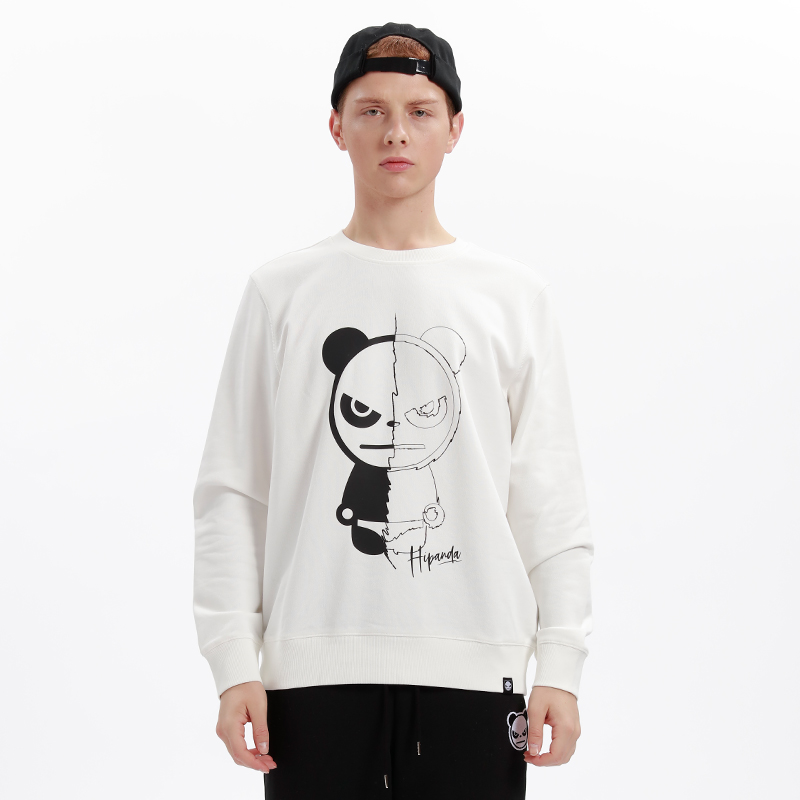 Hipanda你好熊猫男式黑白描拼接印花卫衣长袖圆领套头衫街头潮牌