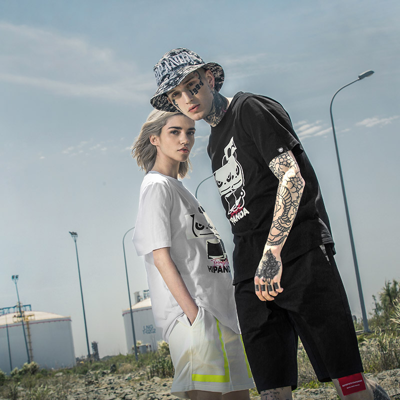 Hipanda你好熊猫T恤男款短袖分割熊猫印花圆领T恤嘻哈街头潮牌