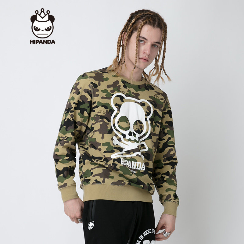 hipanda你好熊猫男款骷髅迷彩卫衣长袖圆领套头衫嘻哈街头潮牌
