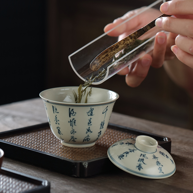 茶碗盖碗手绘盖碗茶茶杯陶瓷家用复古泡茶岩茶盖碗