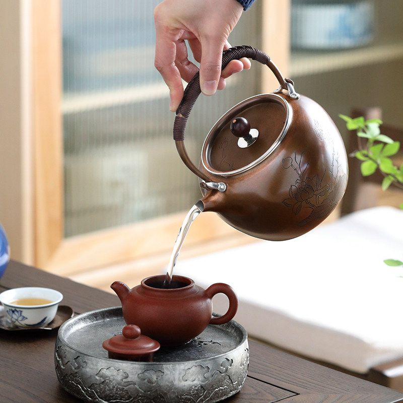 好茗天铜包银壶日本纯银999纯手工一张打银壶茶道家用泡茶烧水壶