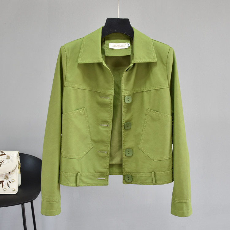皮衣外套女2022春款翻领收腰短款长袖牛油果绿长袖洋气pu皮夹克潮