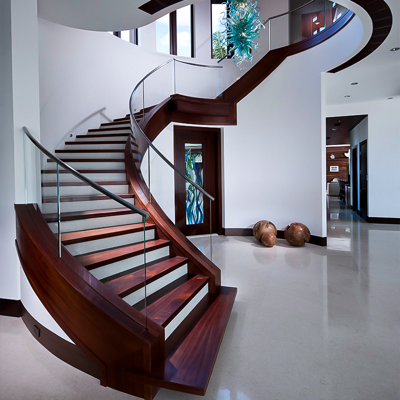 开步新款橡胶木整体实木靠墙旋转玻璃复式阁楼跃层别墅楼梯扶手