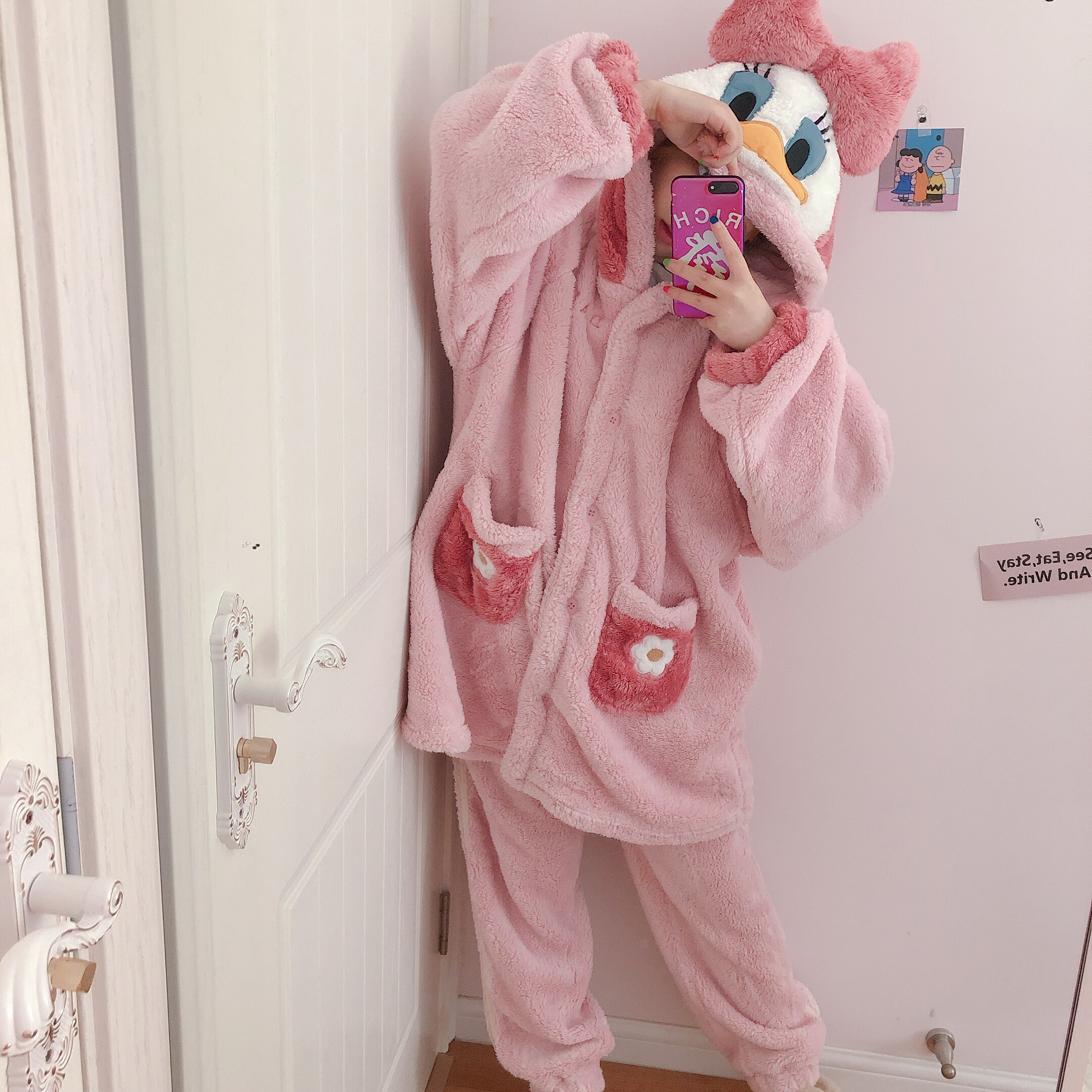 冬季珊瑚瑚绒可爱鸭子睡衣卖萌卡通动物连帽睡衣