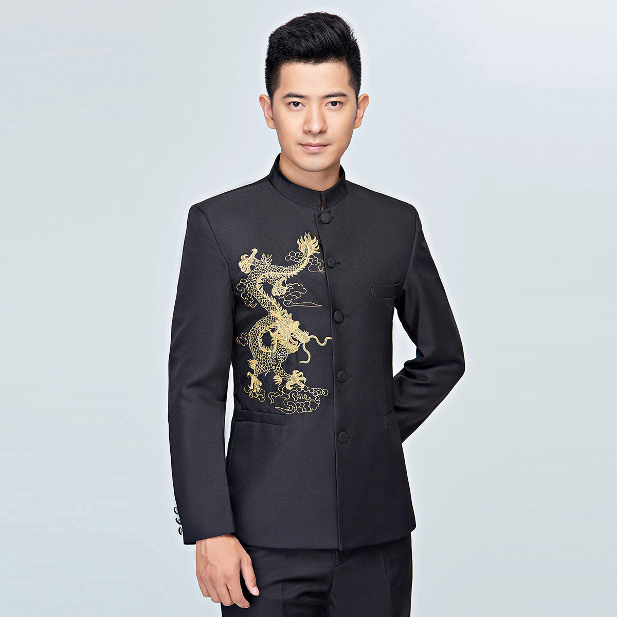 中山装新款中国国风绅士立领领龙刺绣礼仪男装民族服装