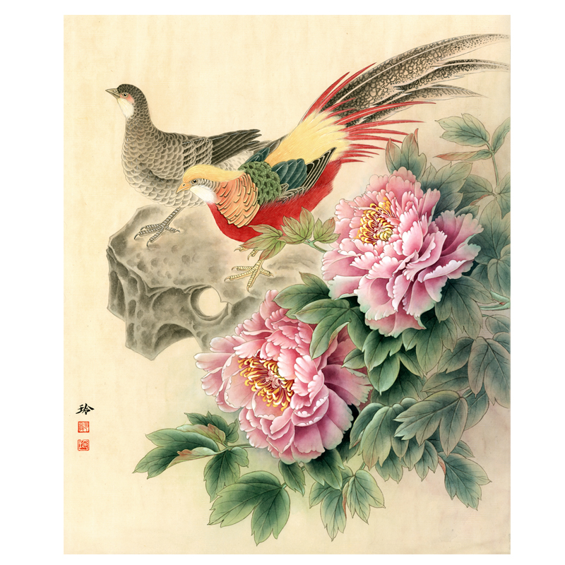 国画有步骤练习过稿临摹锦鸡竖幅玲玲工笔画郑玲玲国画