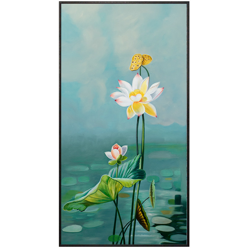 手绘荷花挂画花卉壁画竖版玄关中式油画新中式油画