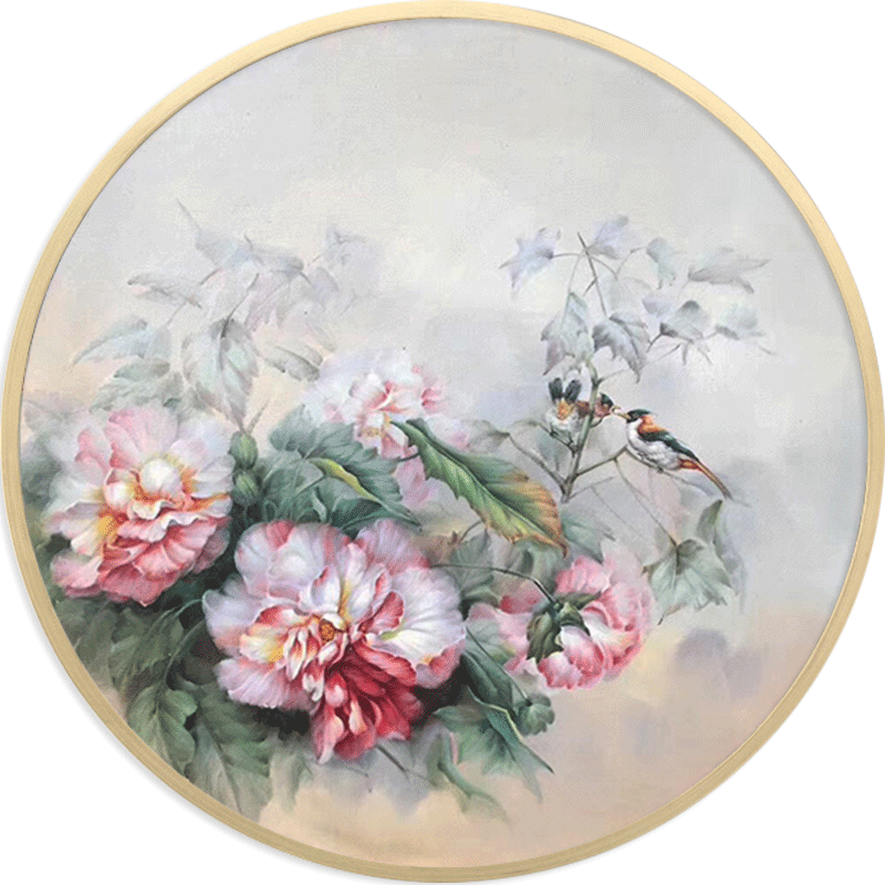 花卉装饰画牡丹花牡丹挂画花鸟餐厅圆形高档玄关油画