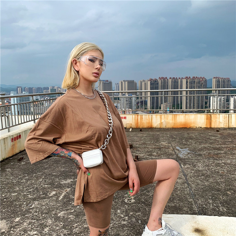 百搭欧美纯色oversize简约宽松男女女同溜肩下开t恤