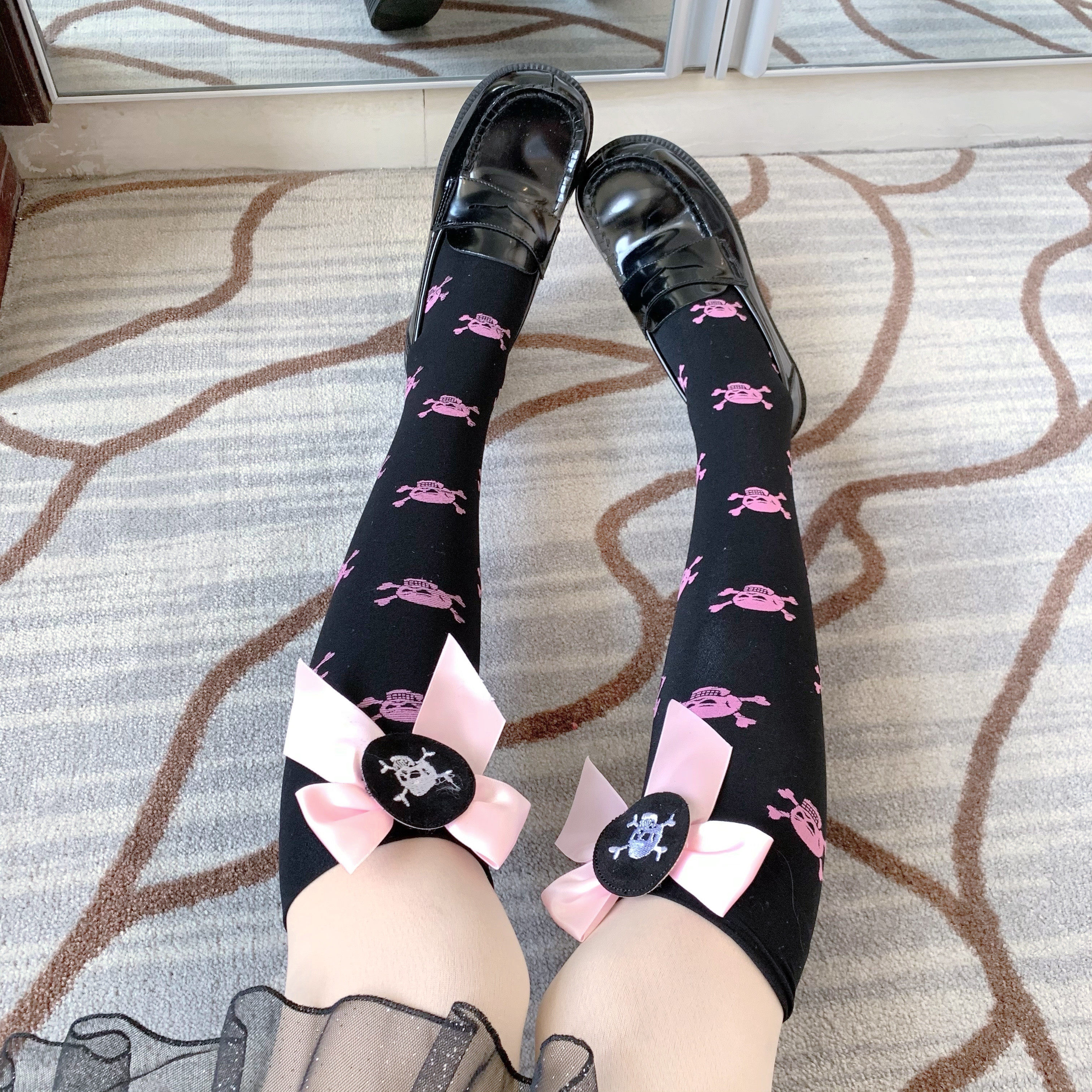 lolita红粉骷髅提花过膝丝袜长筒筒袜lo黑暗lolita洛丽塔袜子
