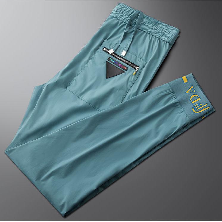 轻奢潮牌拉链口袋冰丝裤子男夏季薄款百搭宽松九分束脚运动休闲裤