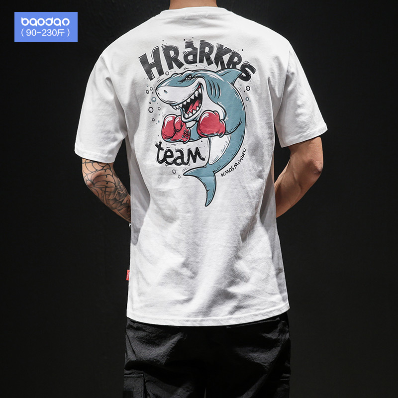 鲨鱼短袖t恤男夏季潮牌ins港风大码宽松衣服潮流半袖纯棉2022新款