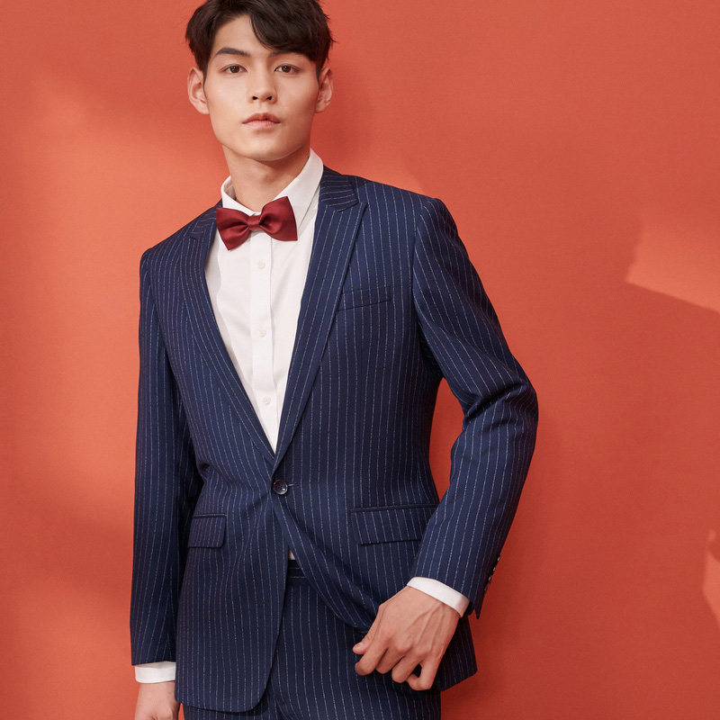 红豆男士修身西装套装帅气西服外套职业装条纹西服套装