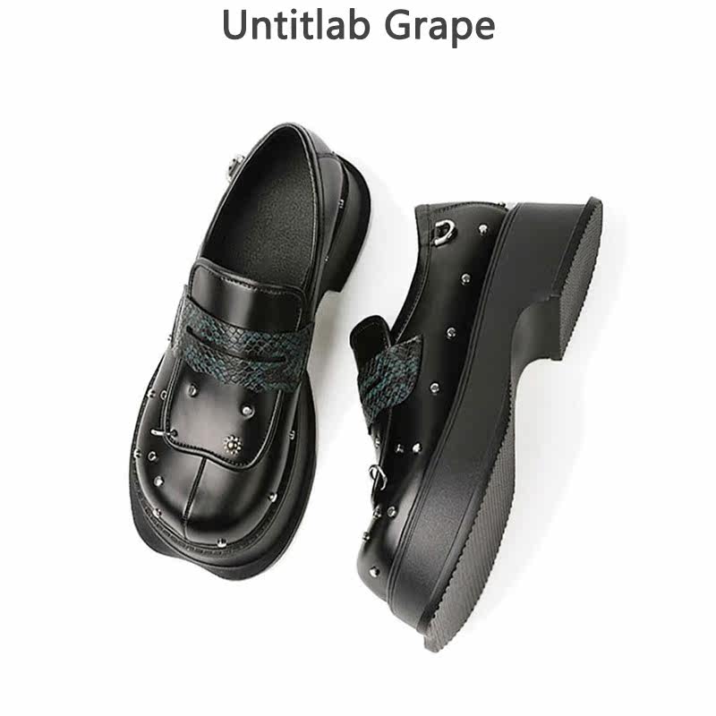 2022春秋新款真皮小众风圆头铆钉厚底皮鞋黑色单鞋