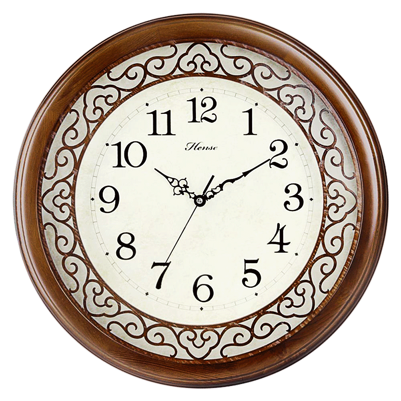 汉时钟表实木挂钟客厅中式静音圆形挂表卧室时钟复古石英钟hw93