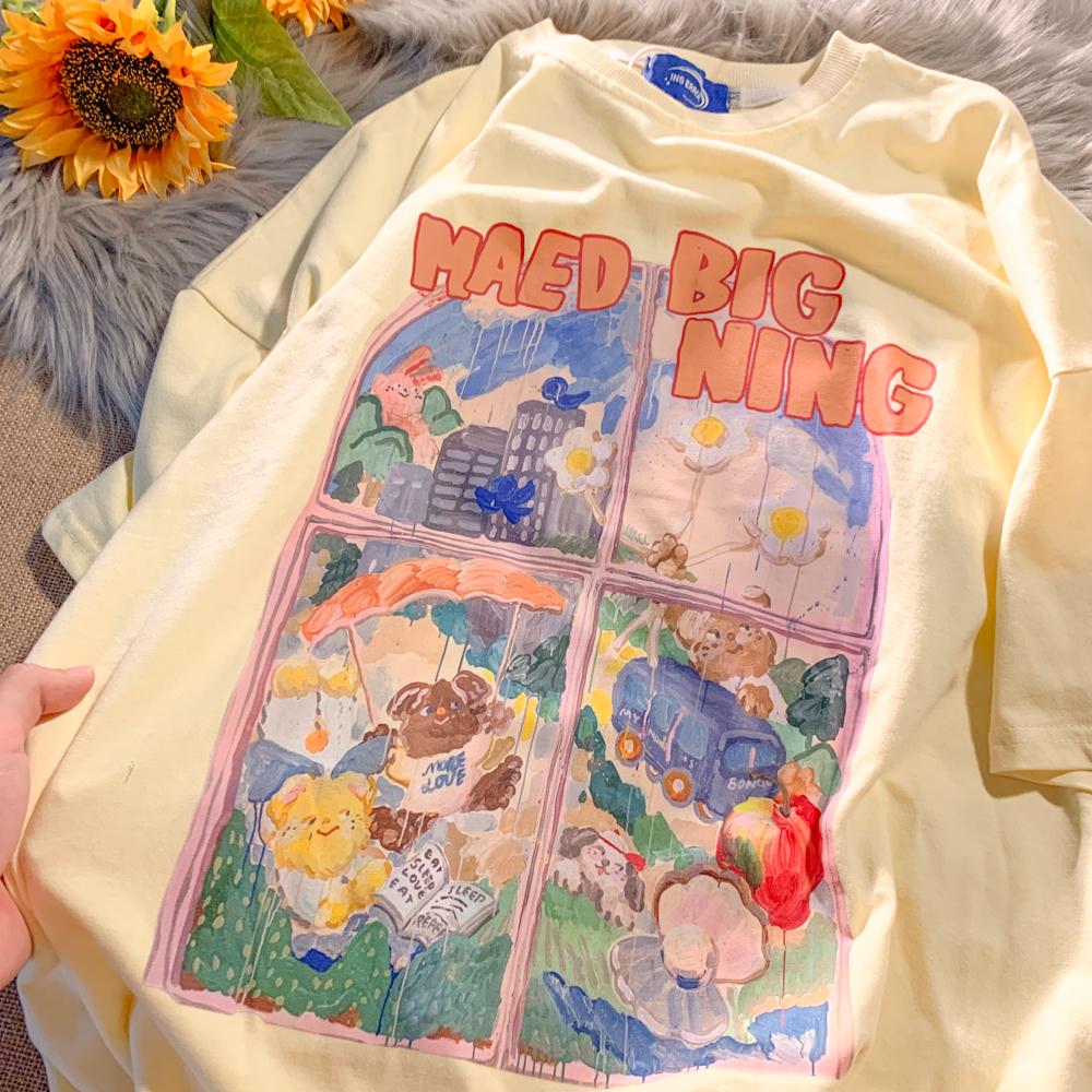 Peterwoo 夏季新品一副油彩画元素短袖T恤学生党舒适流行百搭T恤