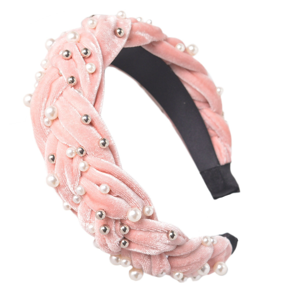 欧美大牌复古丝绒交叉发箍厚女麻花辫镶铆钉珍珠宽边百搭发饰