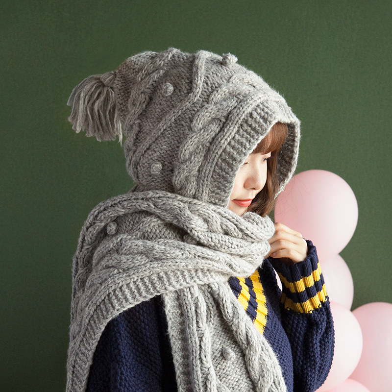 毛线帽子围巾一体女冬连针织秋冬季保暖围脖甜美帽子