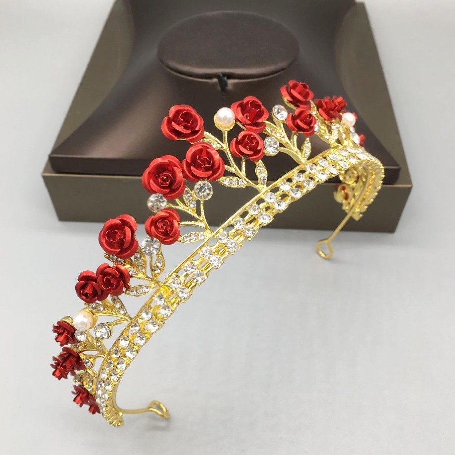 韩式新娘皇冠头饰饰演出走红色玫瑰花王冠项链发饰