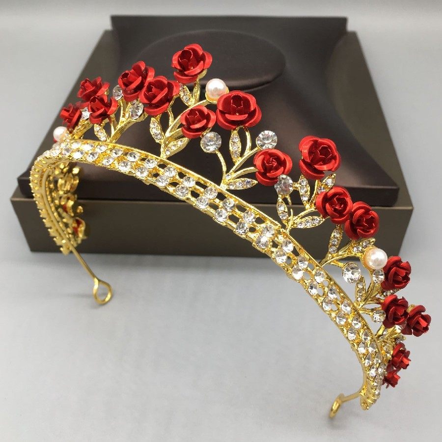 韩式新娘皇冠头饰饰演出走红色玫瑰花王冠项链发饰