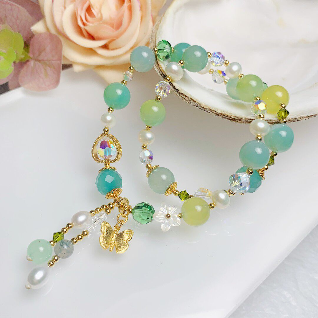 清爽糖果玛瑙水晶手链女超流苏双层手串珍珠百搭手链