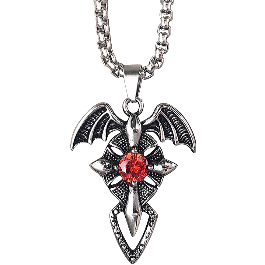 哥特暗黑恶魔之翼钛钢十字架项链朋克潮流吊坠项链