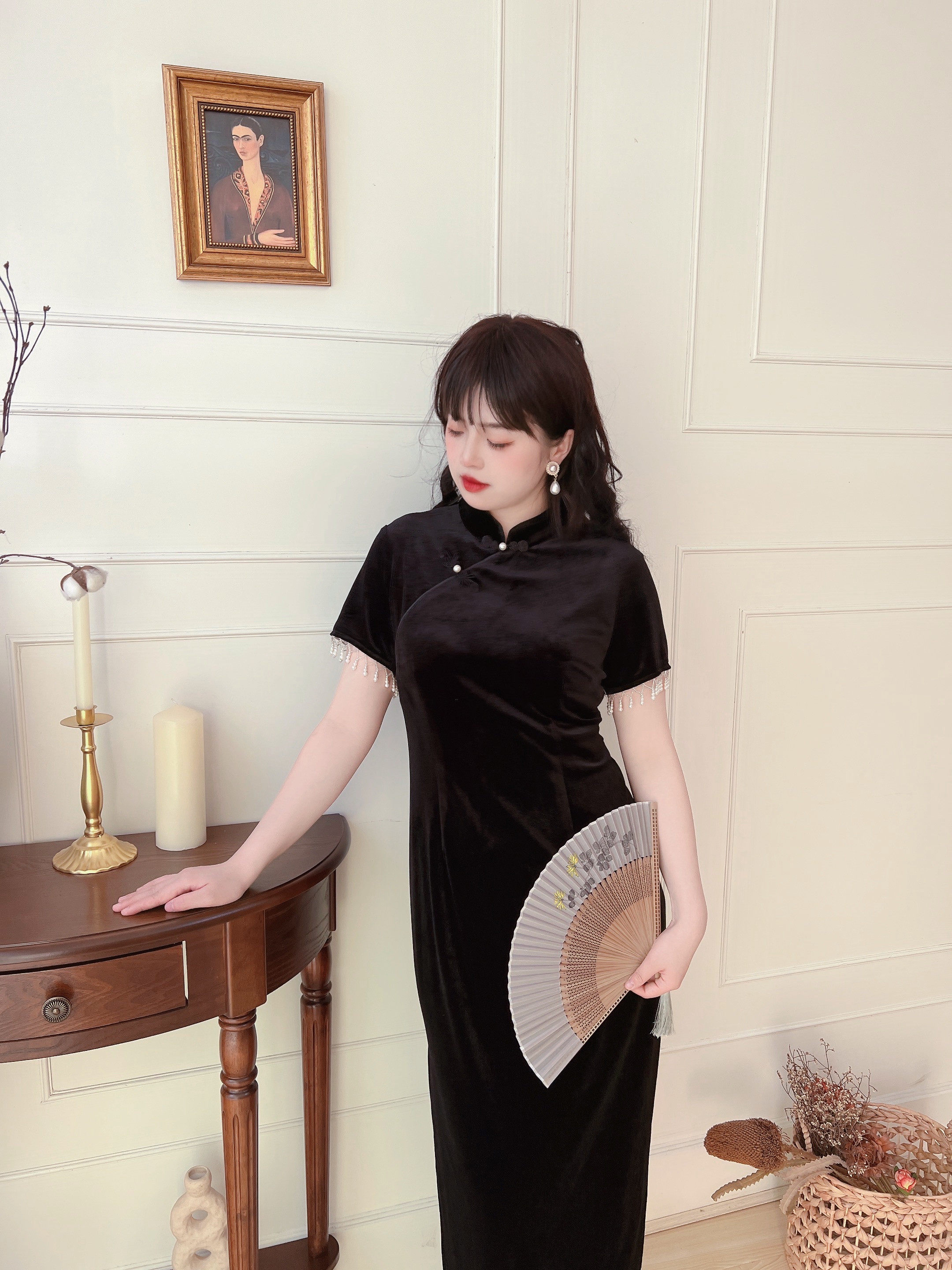 旗袍古风中式新中式礼服连衣裙黑色自制mm大码大码女装