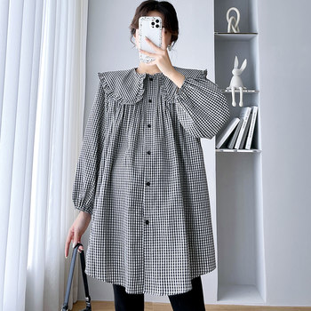 ເສື້ອເຊີດແມ່ທ້ອງ Plus size ພາກຮຽນ spring and autumn fashion plaid loose baby doll collar nursing dress white top 200 pound