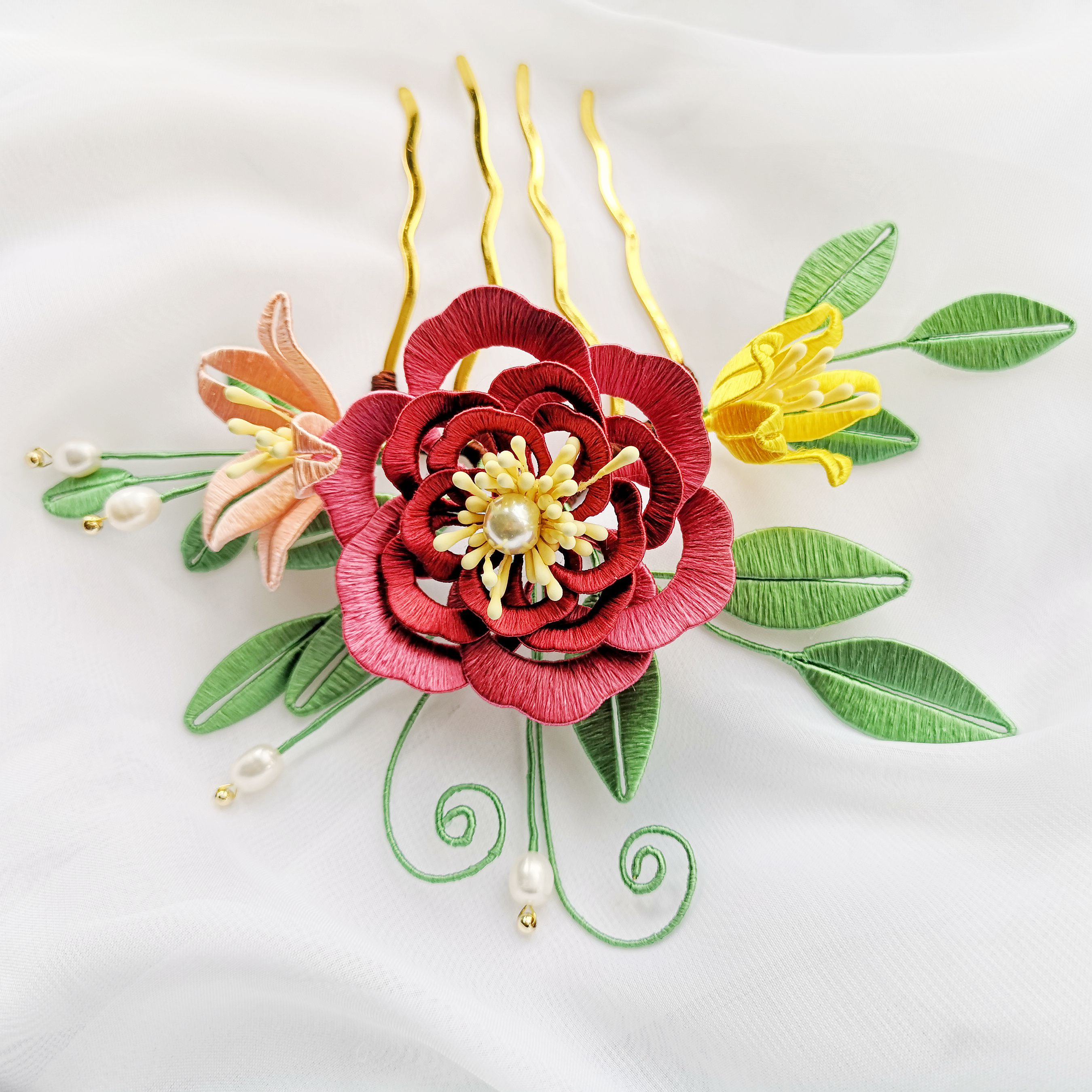 发饰古风镜花水月原创手工蚕丝缠花发簪汉服牡丹发饰