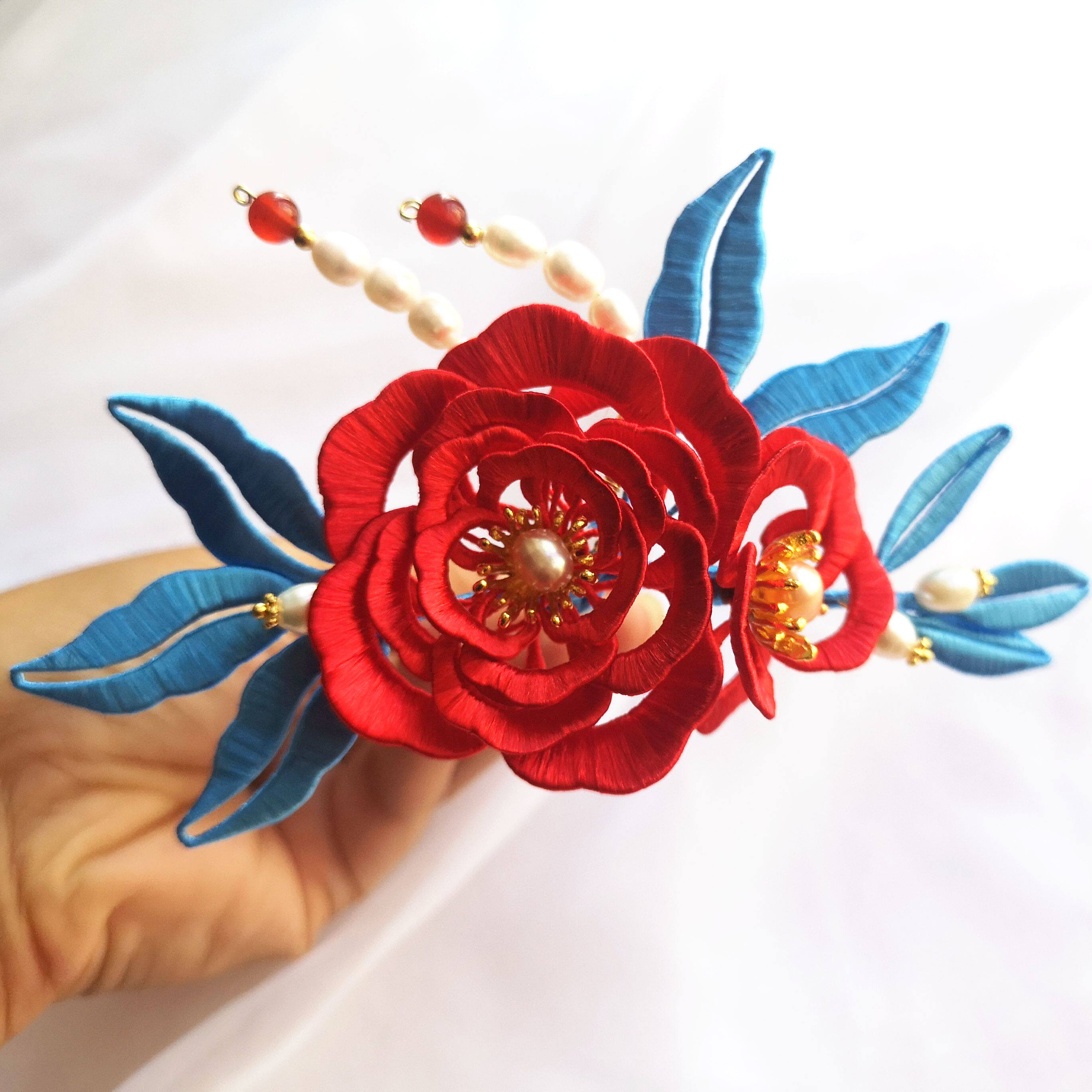 缠花绒花绢花古风明制汉服配饰春仔牡丹花珍珠发饰