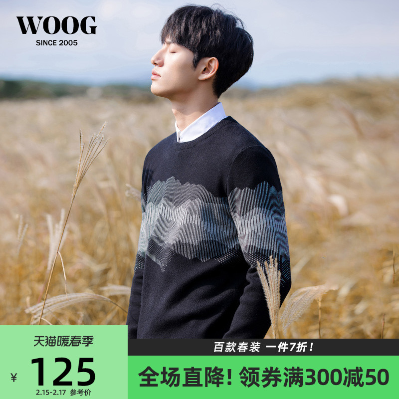 WOOG2005圆领黑色提花毛衣男2021冬季新款韩版潮流针织衫套头线衣