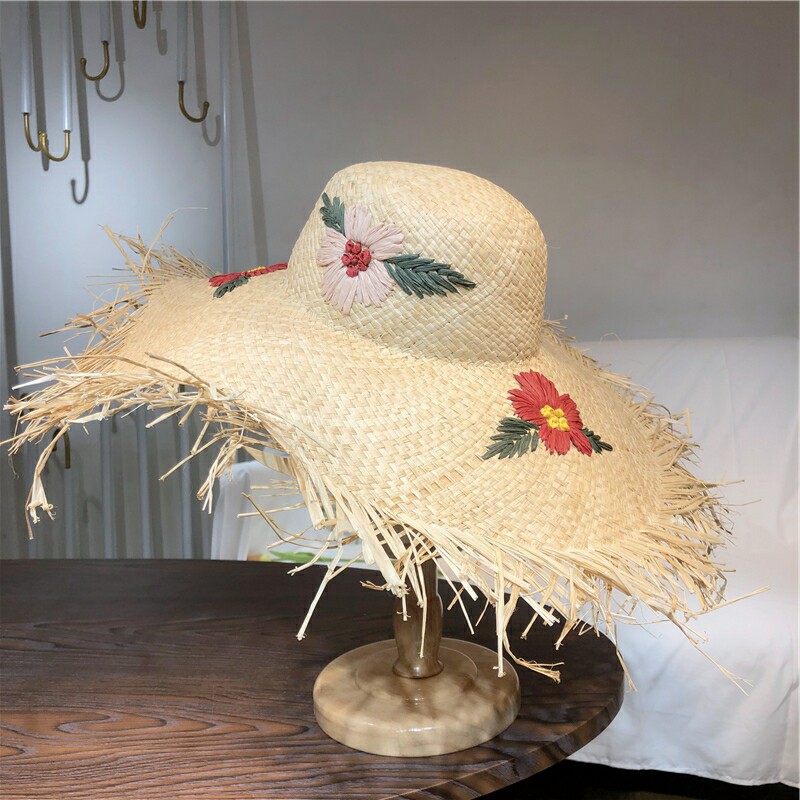 三朵花刺绣民族风情拉菲拉菲草草编草帽女大帽檐防晒帽子