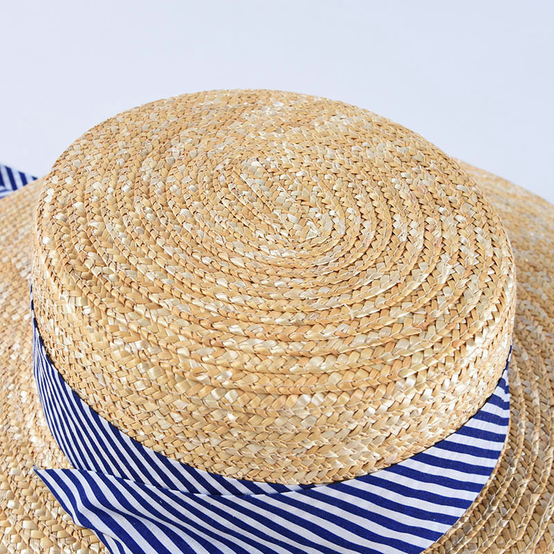 帽子法式平顶麦秆草帽系带平沿草编夏天遮阳帽子