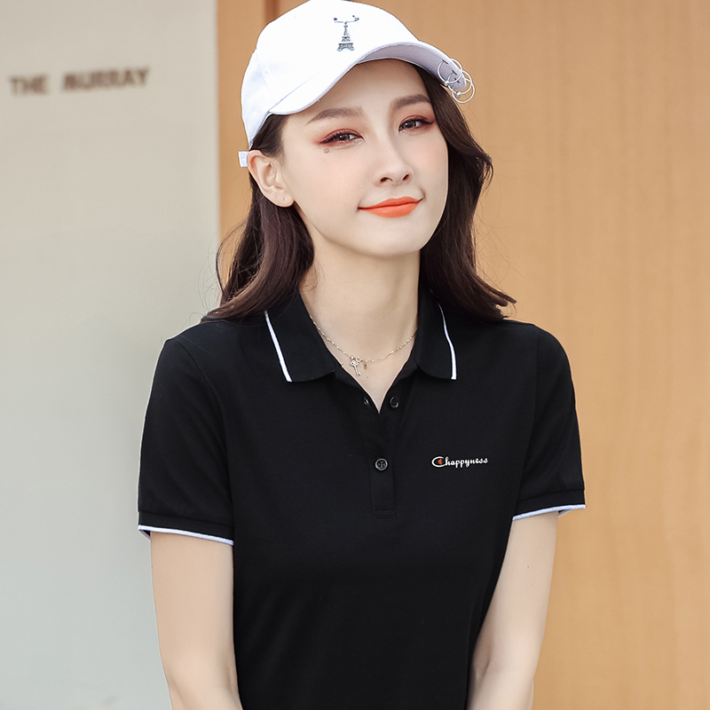 2022夏季新款纯棉翻领短袖t恤女带领女士上衣宽松女装运动polo衫