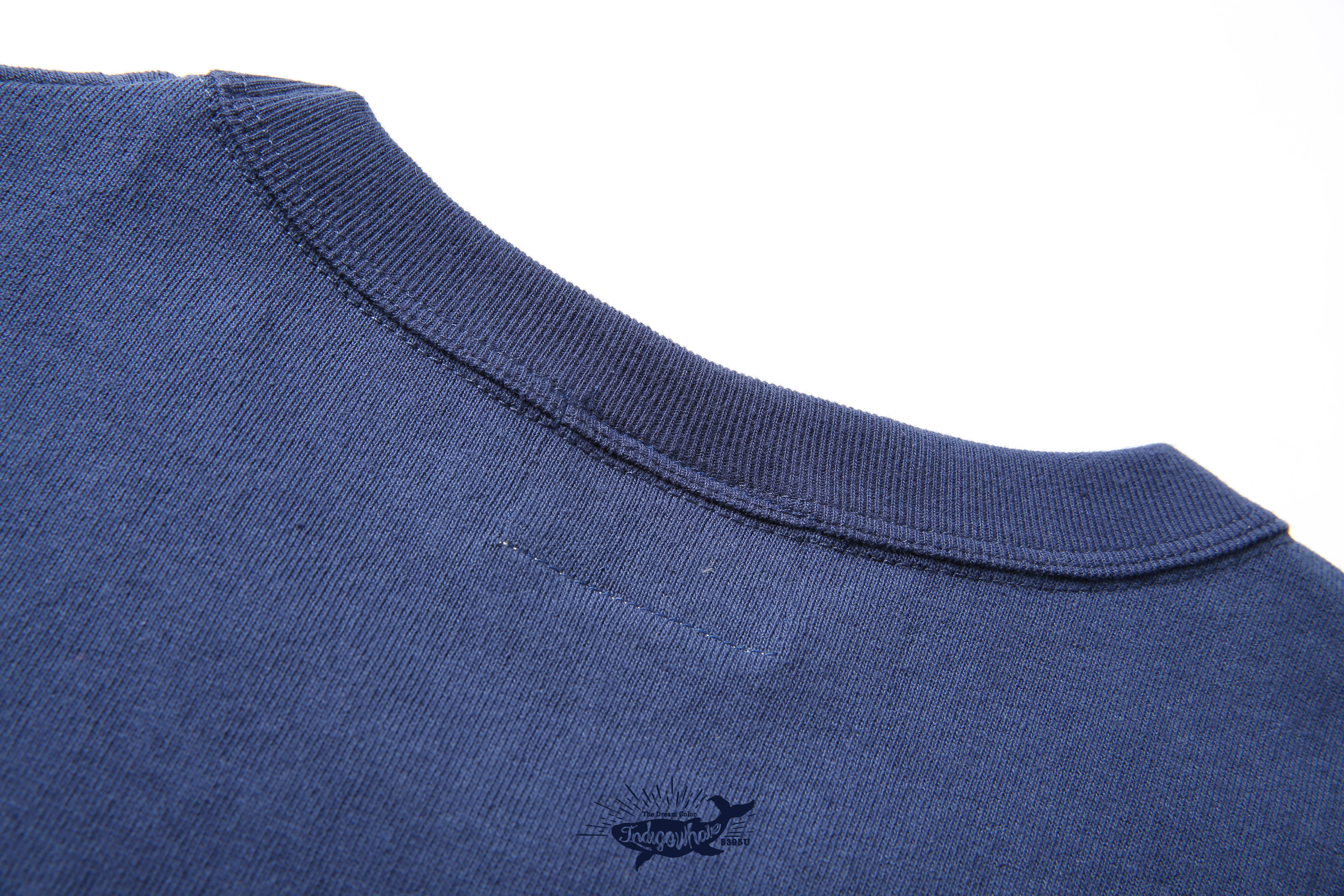 indigowhale鲸蓝染oe纱圆领口袋tee美式复古纯棉t恤重磅麻棉圆筒