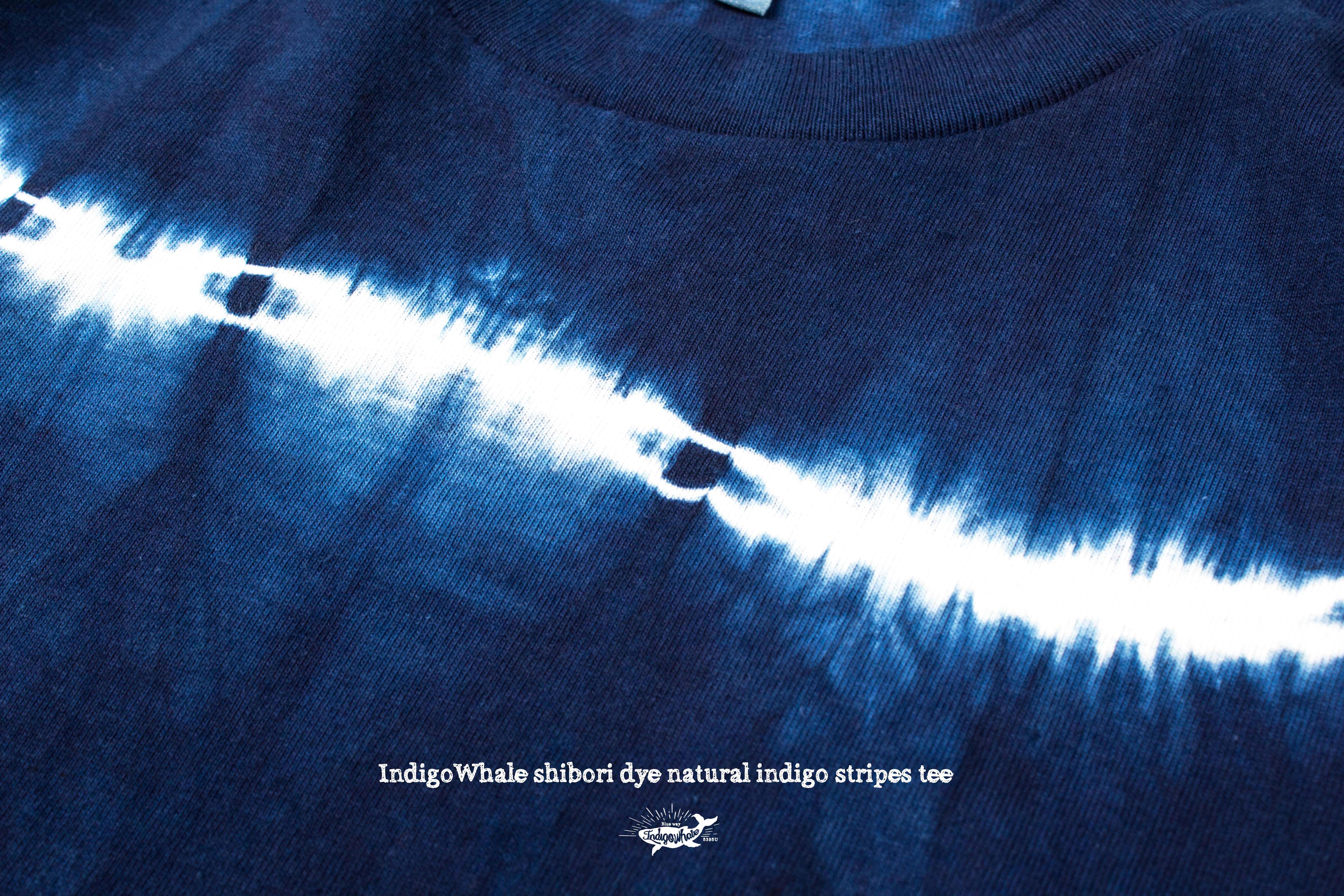 indigowhale手工扎染纯棉圆领植物蓝染条纹teet恤