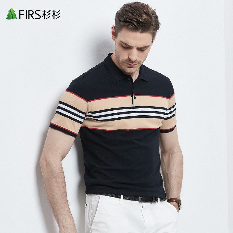 杉杉男装翻领短袖t恤男2022夏季新款纯棉宽松透气条纹撞色polo衫