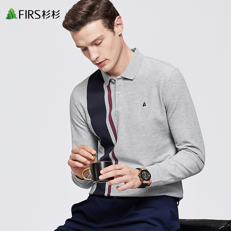杉杉男装双色竖纹印花长袖T恤男2022秋季新款休闲刺绣提花POLO衫
