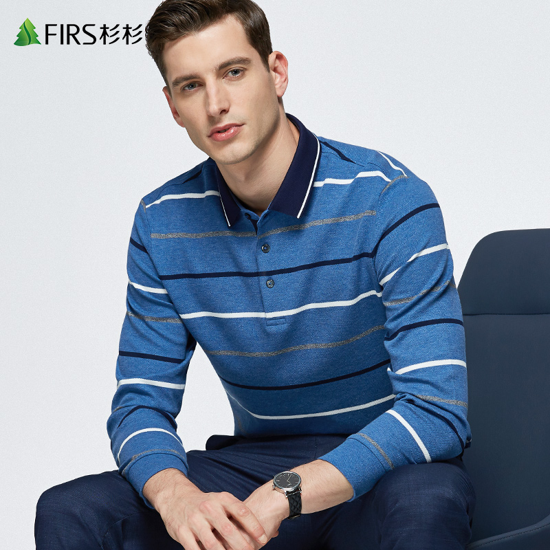 杉杉男装扁机领条纹polo衫男长袖2022秋季新款翻领T恤中年上衣