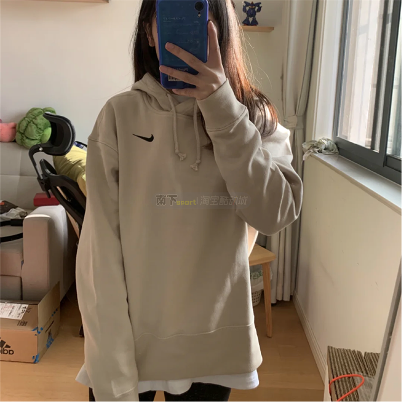 Nike耐克女子小logo刺绣起绒水洗保暖连帽衫燕麦色卫衣CZ2591-140