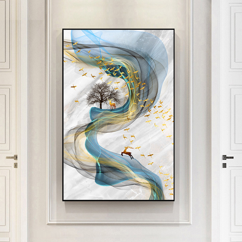 发财财鹿装饰画现代简约玄关背景墙单幅进门门厅壁画现代装饰画