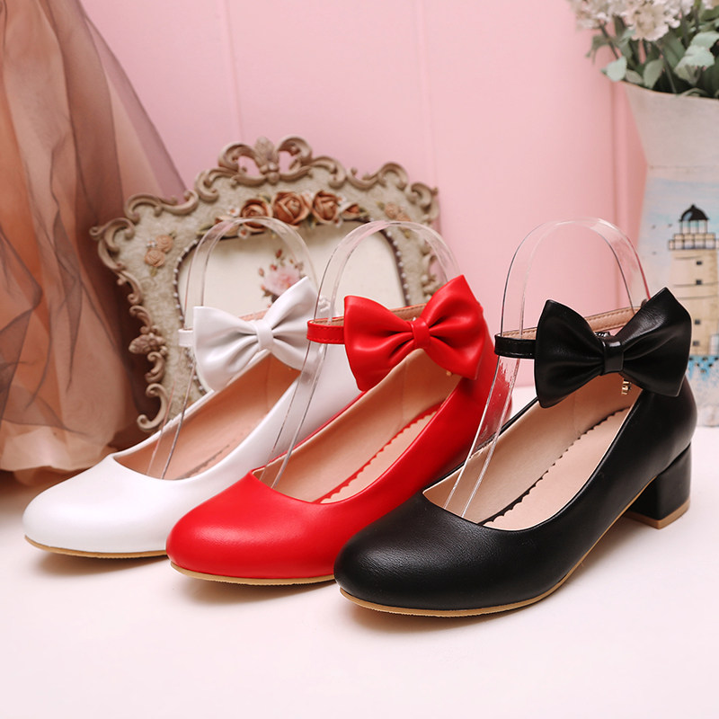 2022春夏新款儿童高跟鞋小女孩蝴蝶结红色皮鞋女童皮鞋